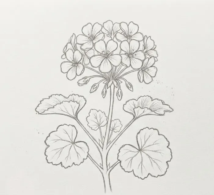 Easy geranium line art featuring simple flower outlines, delicate petals, leaves, and stems.