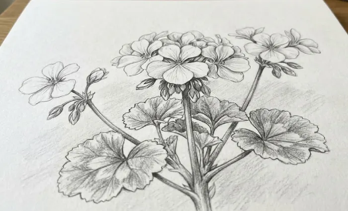 Easy pencil geranium drawing with simple flower petals, stems, and leaves