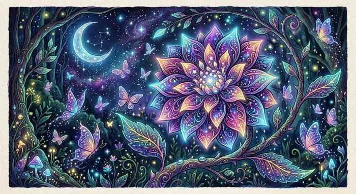 Fantasy dahlia flower drawing with imaginative layered petals and decorative details