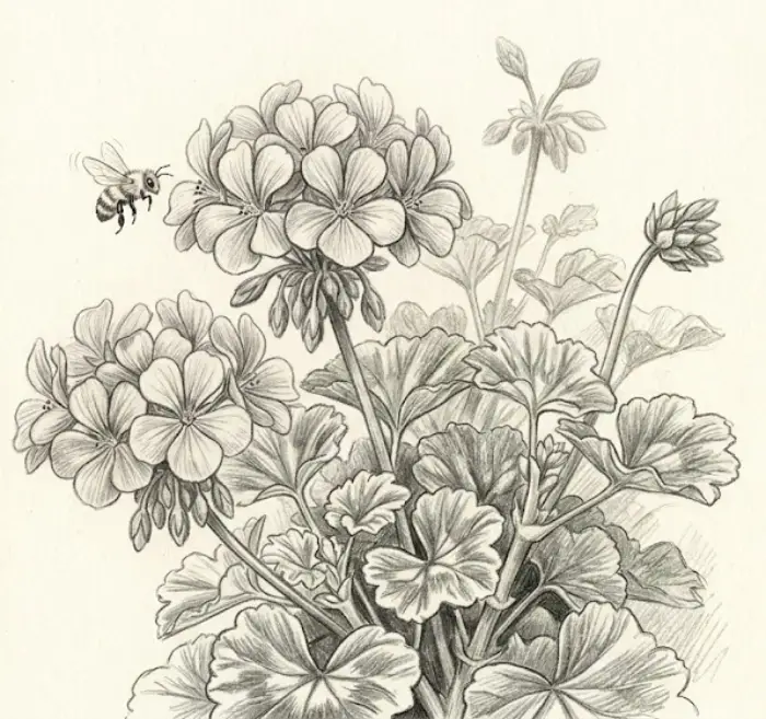 Geranium flower drawing with a bee flying near the blooming petals