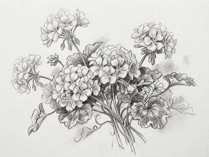 Geranium bouquet drawing with blooming flowers, stems, and detailed leaves