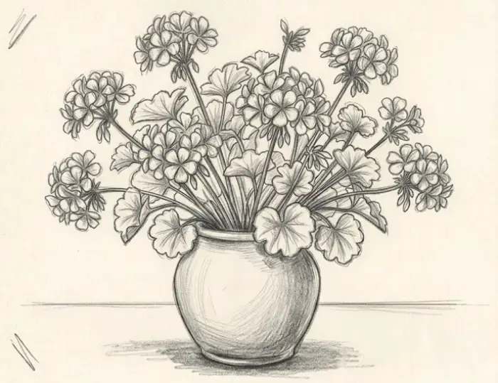 Geranium bouquet in a vase with blooming flowers, green leaves, and delicate stems