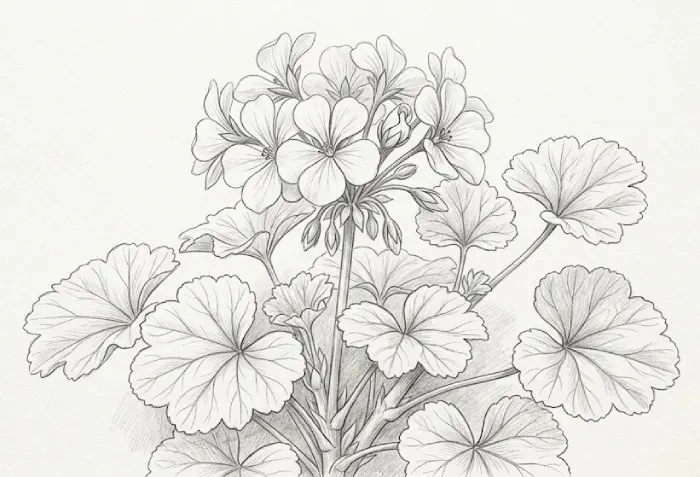 Geranium flower and leaf sketch showing detailed petals, stems, and natural leaves