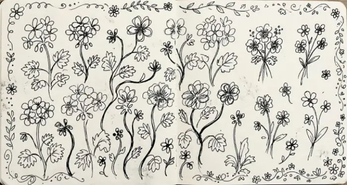 A simple geranium flower doodle with playful floral and leaf details.
