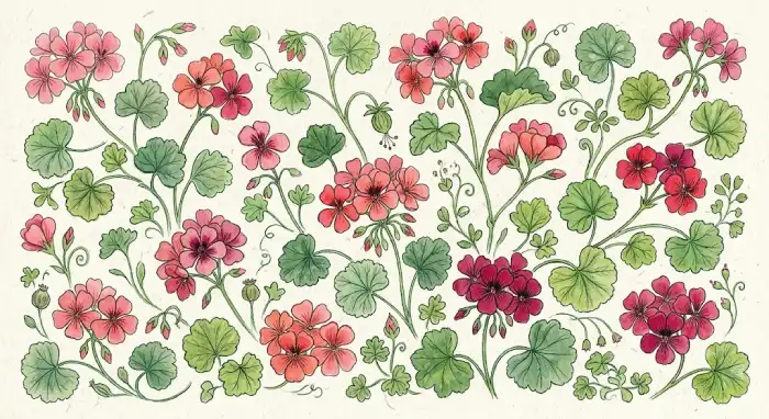 Geranium flower pattern with repeated blooms, leaves, and decorative botanical shapes