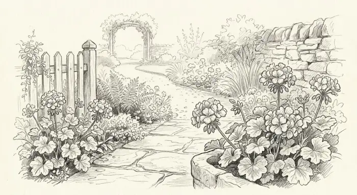 Geranium garden drawing with blooming flowers, leafy plants, and natural garden details