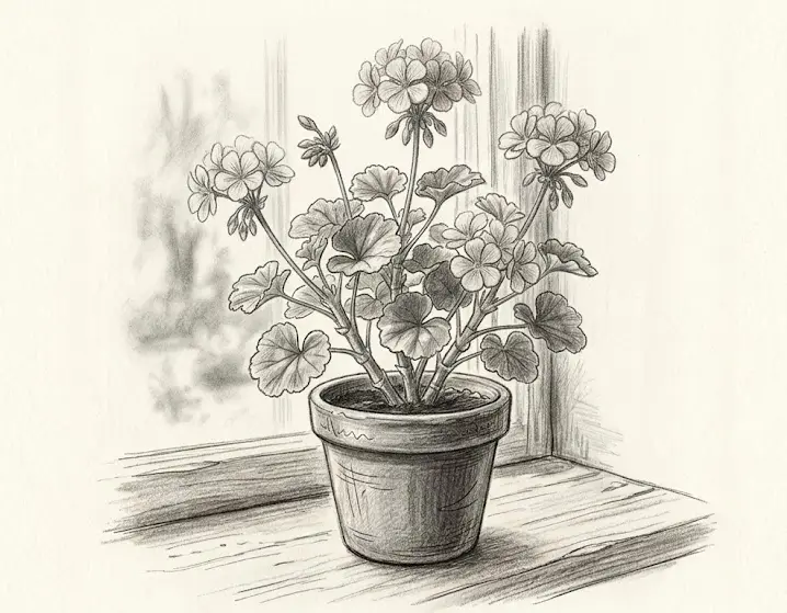 eranium flower drawing in a small flower pot with green leaves and stems