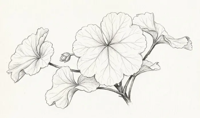 Geranium leaf drawing showing detailed lobed leaves, veins, and natural shapes