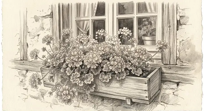 A geranium window box drawing filled with blooming flowers and green foliage.