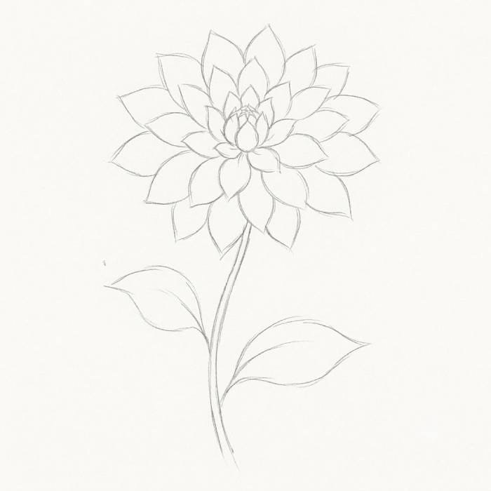 Minimalist dahlia line art with clean, simple outlines and layered petals.