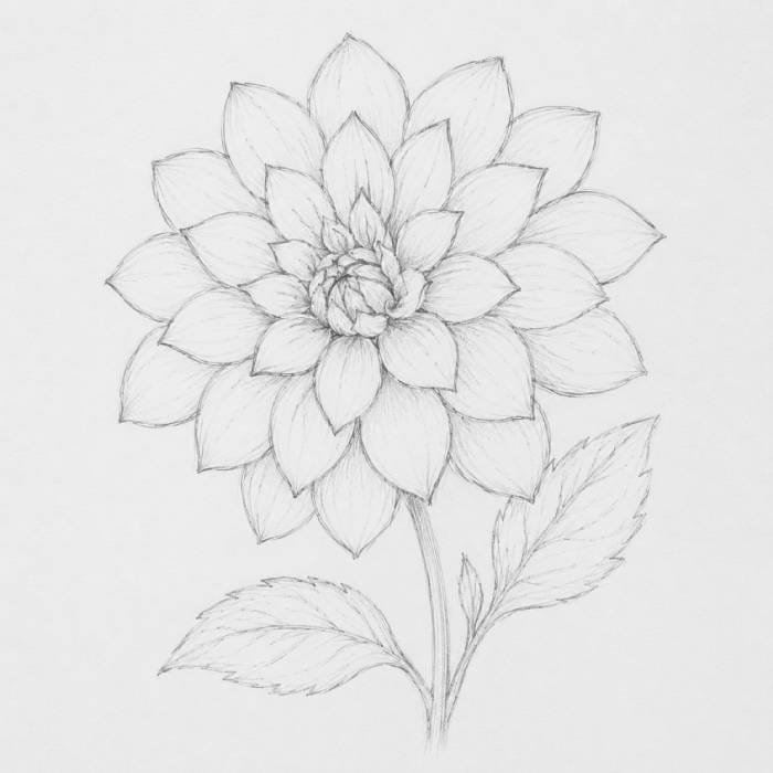 Realistic dahlia flower drawing with layered petals, detailed shading, and a natural floral shape.