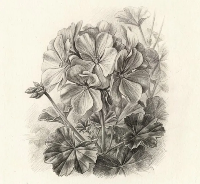 Realistic geranium flower drawing with detailed petals, textured leaves, stems, and pencil shading.