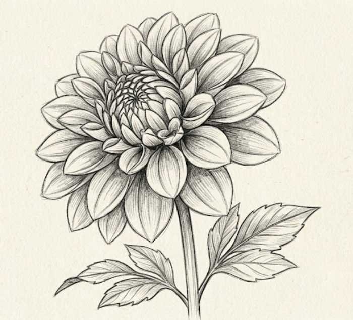 Side view dahlia flower sketch showing layered petals and curved flower shape