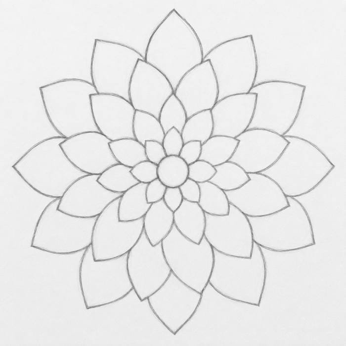 Simple dahlia outline drawing with layered petals and a round center.