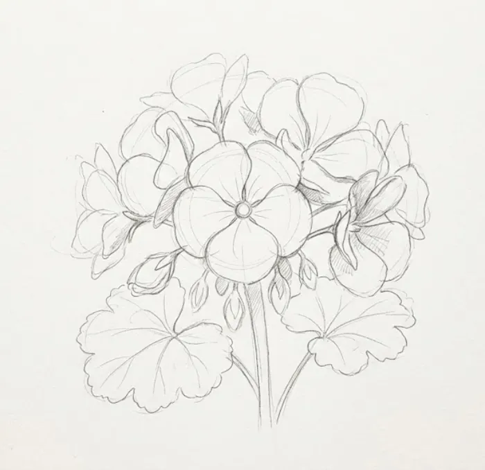 Simple geranium flower sketch drawn in pencil, featuring delicate petals, detailed leaves, thin stems, and a natural floral arrangement