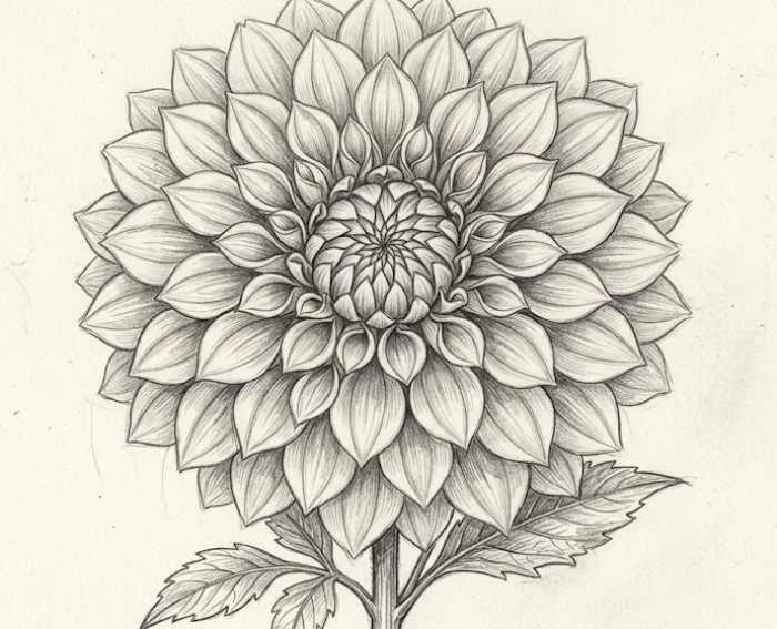 Single large dahlia flower drawing with detailed layered petals