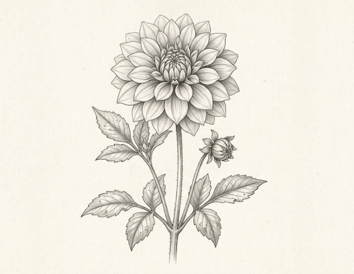 Vintage botanical dahlia illustration with detailed petals, leaves, and natural floral textures