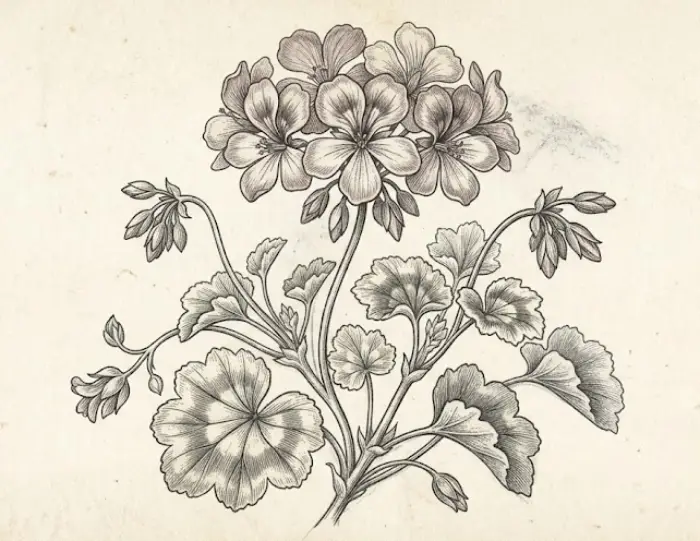 Vintage geranium illustration with detailed flowers, leaves, and botanical linework