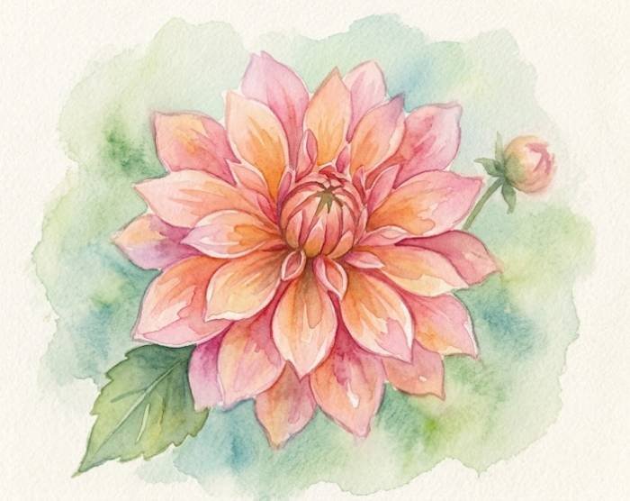 Watercolor-style dahlia flower illustration with soft petals and delicate brush textures